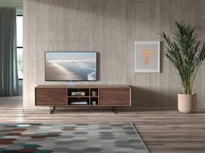 Elegant Walnut TV Stand with Black Metal Legs Elegant Walnut TV Stand with Black Metal Legs