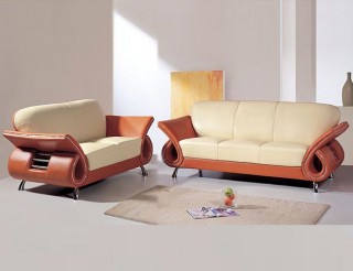 Contemporary Dual Colored or Black Leather Sofa Set w/ Chrome Details