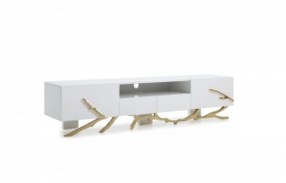 Modern White TV Stand with Champagne Gold Stainless Steel Base