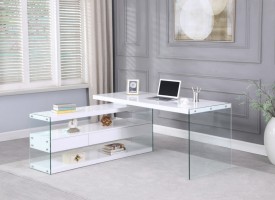 Exquisite High Gloss White Office Desk with Glass Shelves
