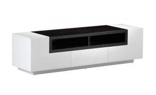 White Gloss TV Stand with Dark Oak Shelves