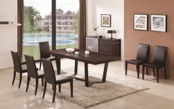 Extendable Wooden Top and Leather Chairs Modern Dining Set with Leaf