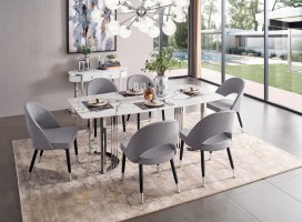 Natural White Marble Top and Chrome Legs Dining Table