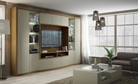 Modern living room wall unit with natural wood color