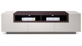 High Gloss Grey TV Stand Media Console with Dark Oak Shelves