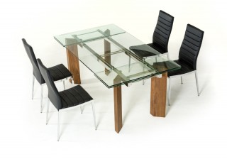 Modern Glass Top Extendible Dining Table with Wooden Legs