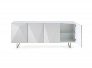 High Gloss White Buffet with Designed Doors and Glass Top