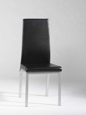 Black Leather Contemporary Side Chair with Silver Finished Legs