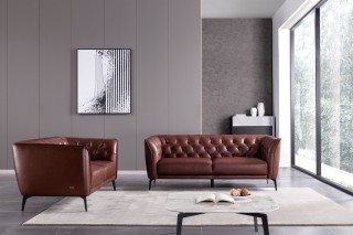 Brown Leather Contemporary Living Room Set with Metal Legs