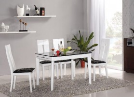 Elegant Extendable White Dining Room Table with Black Glass
