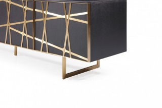 Modern Black Oak TV Stand with Champagne Gold Stripes