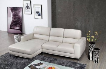 Bone Colored Top Grain Leather Sectional Sofa with Chrome Legs