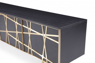 Modern Black Oak TV Stand with Champagne Gold Stripes