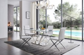 Exotic Rectangular Clear Glass Top Leather Modern Dinette Sets and Chairs