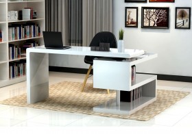 White Matte Finished Office Desk with S Shaped Bookcase