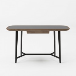 Modern Walnut Desk with Black Glass Top and Metal Base