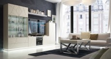 Modern Light Beige Wall Unit with Glass Shelves and Stripe Design Modern Light Beige Wall Unit with Glass Shelves and Stripe Design