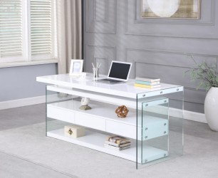 Exquisite High Gloss White Office Desk with Glass Shelves