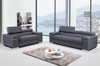 Contemporary Grey Italian Leather Sofa Set with Adjustable Headrest