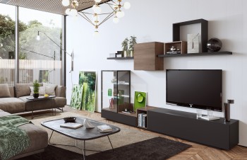 Modern Matte Black Wall Unit with Glass Shelves Modern Matte Black Wall Unit with Glass Shelves