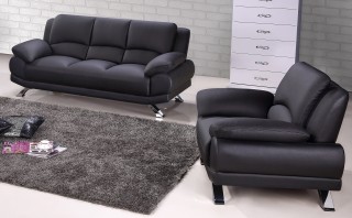 Black Top-Grain Leather Sofa Set with Tufted Pillows