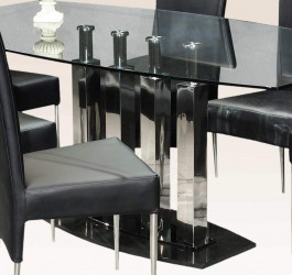 Black Marble Base Steel Column Supports Table with Clear Glass