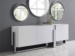 Glamorous Matte White Buffet with Crystal Frosted Glass Top