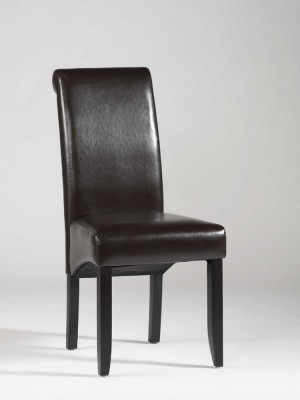 Brown Leather Dining Chair with Wooden Legs and Roll Back