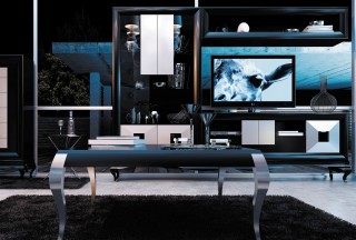 Modern Matte Black and Silver Wall Unit and Entertainment Center