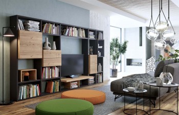 Modern Wall Unit and Book Case with Natural Wood Elements Modern Wall Unit and Book Case with Natural Wood Elements