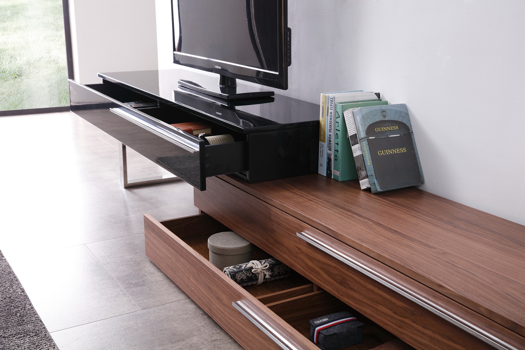 Long LCD TV Furniture with Storage in Walnut - Click Image to Close
