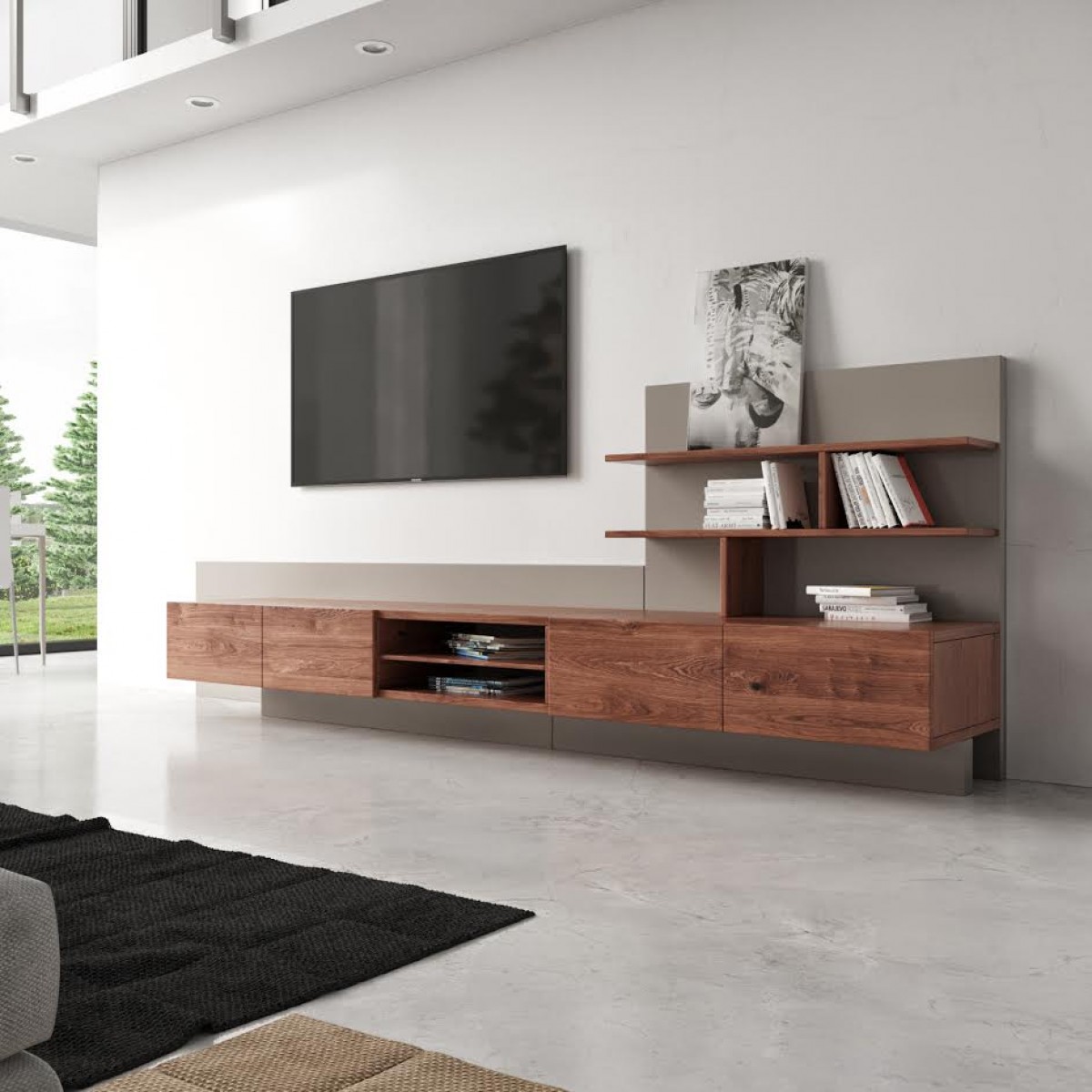 Contemporary Grey and Walnut TV Stand - Click Image to Close