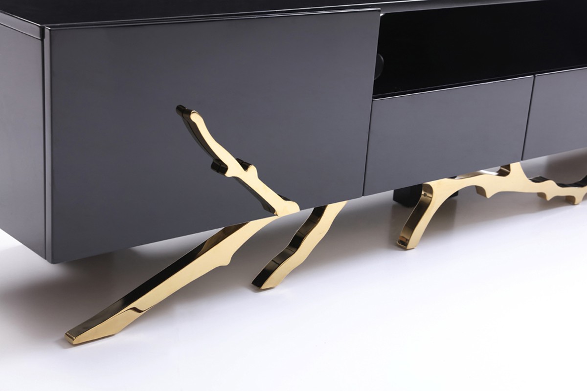 Elegant Black TV Unit with Champagne Gold Stainless Steel Base - Click Image to Close