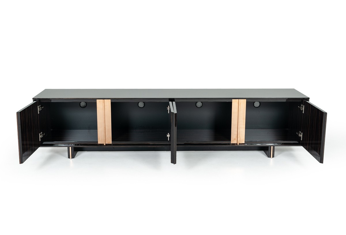 Elegant Ebony TV Stand with Rosegold Stainless Steel Edge