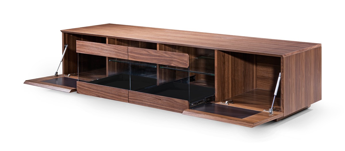 Elegant Walnut TV Stand with Tempered Purple Painted Glass - Click Image to Close