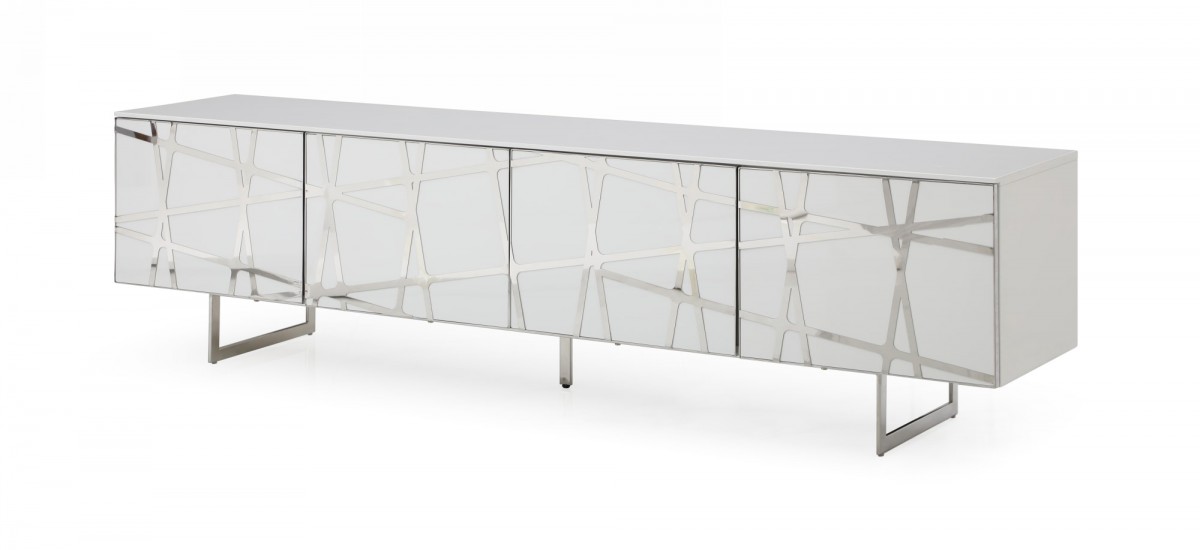 Elegant White TV Stand with Polished Stainless Steel Accents - Click Image to Close