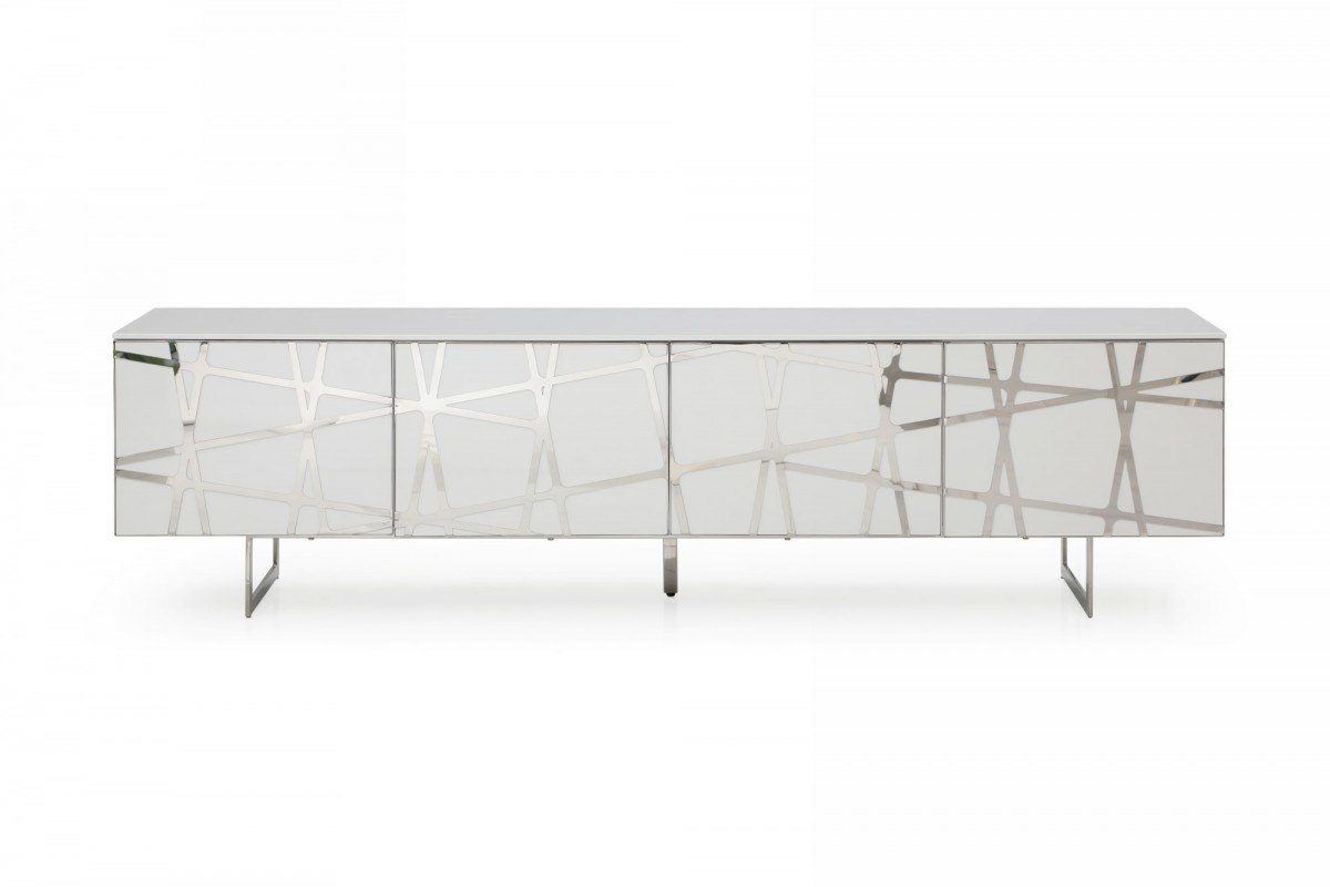 Elegant White TV Stand with Polished Stainless Steel Accents - Click Image to Close