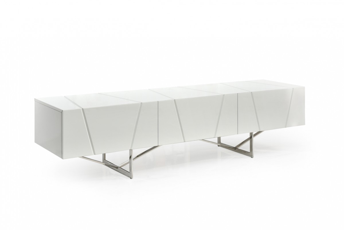 Elegant White TV Unit with Polished Stainless Steel Legs