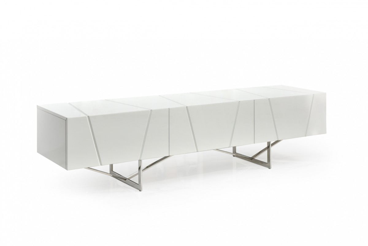 Elegant White TV Unit with Polished Stainless Steel Legs - Click Image to Close