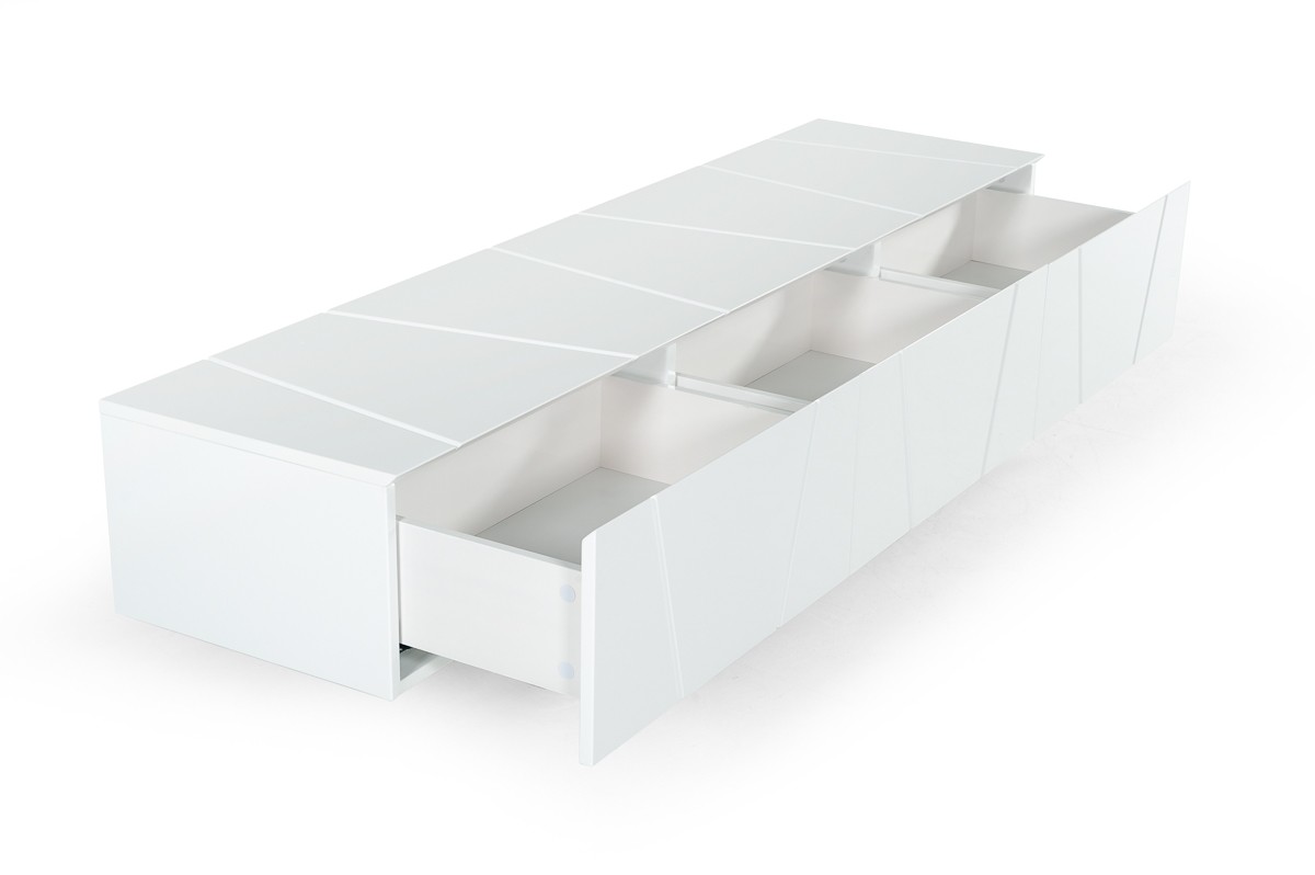 Elegant White TV Unit with Polished Stainless Steel Legs - Click Image to Close