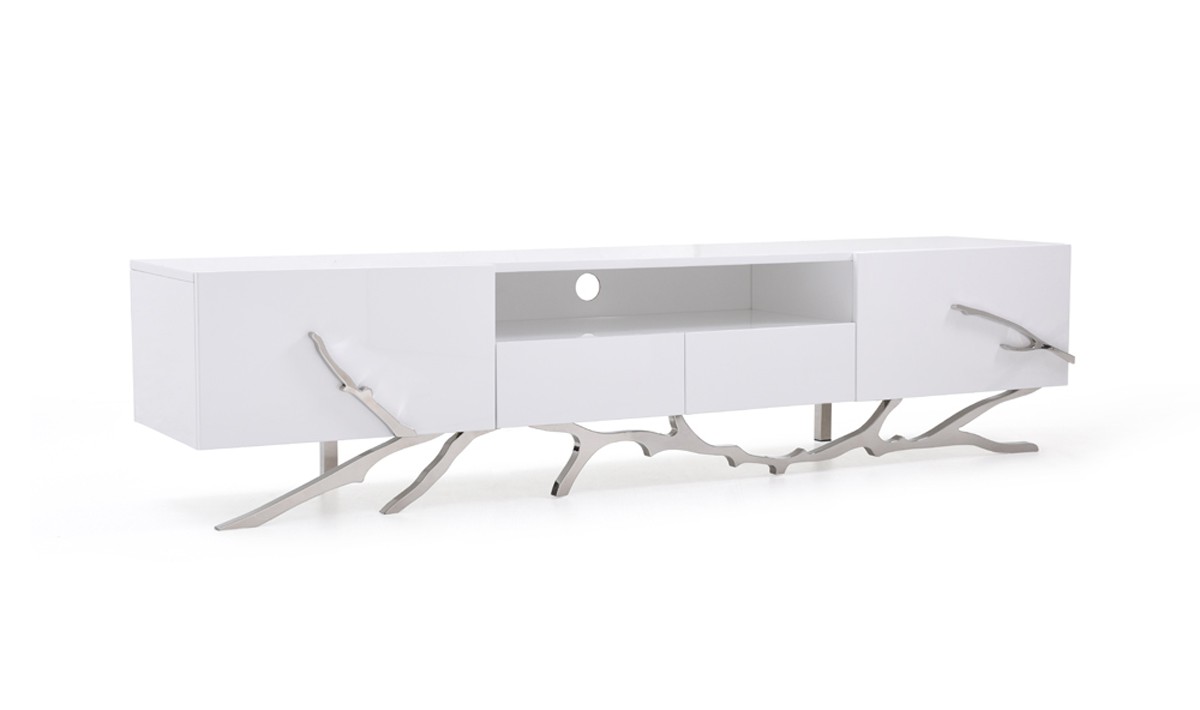 Elegant White TV Unit with Stainless Steel Base - Click Image to Close