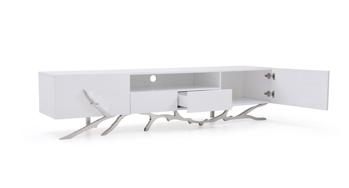 Elegant White TV Unit with Stainless Steel Base - Click Image to Close