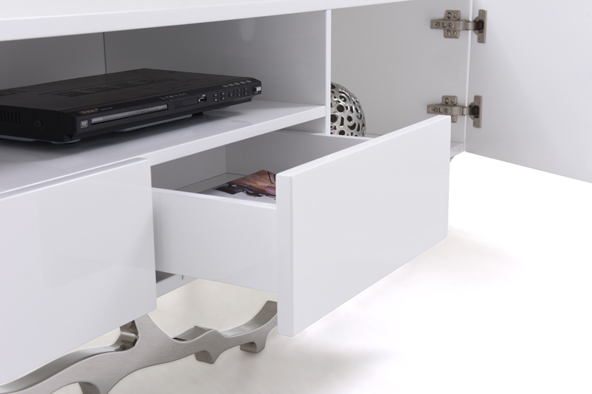 Elegant White TV Unit with Stainless Steel Base - Click Image to Close