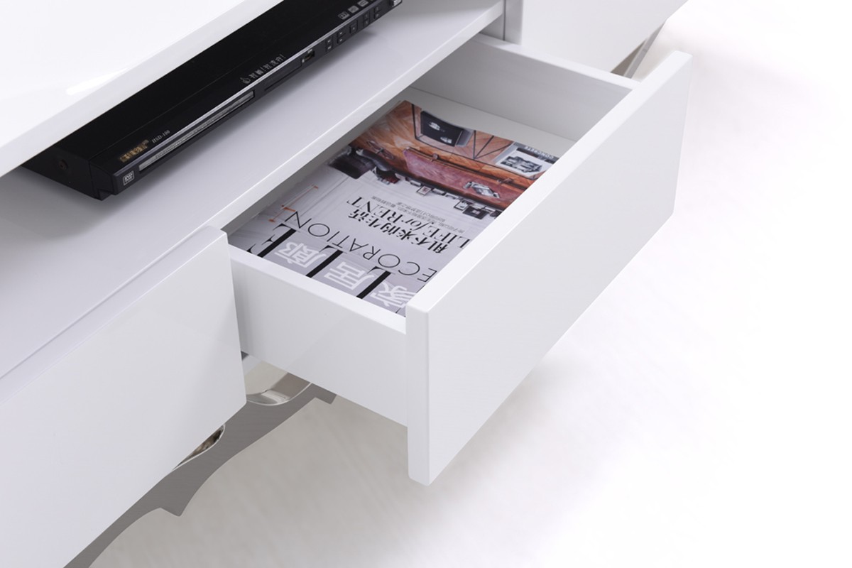Elegant White TV Unit with Stainless Steel Base