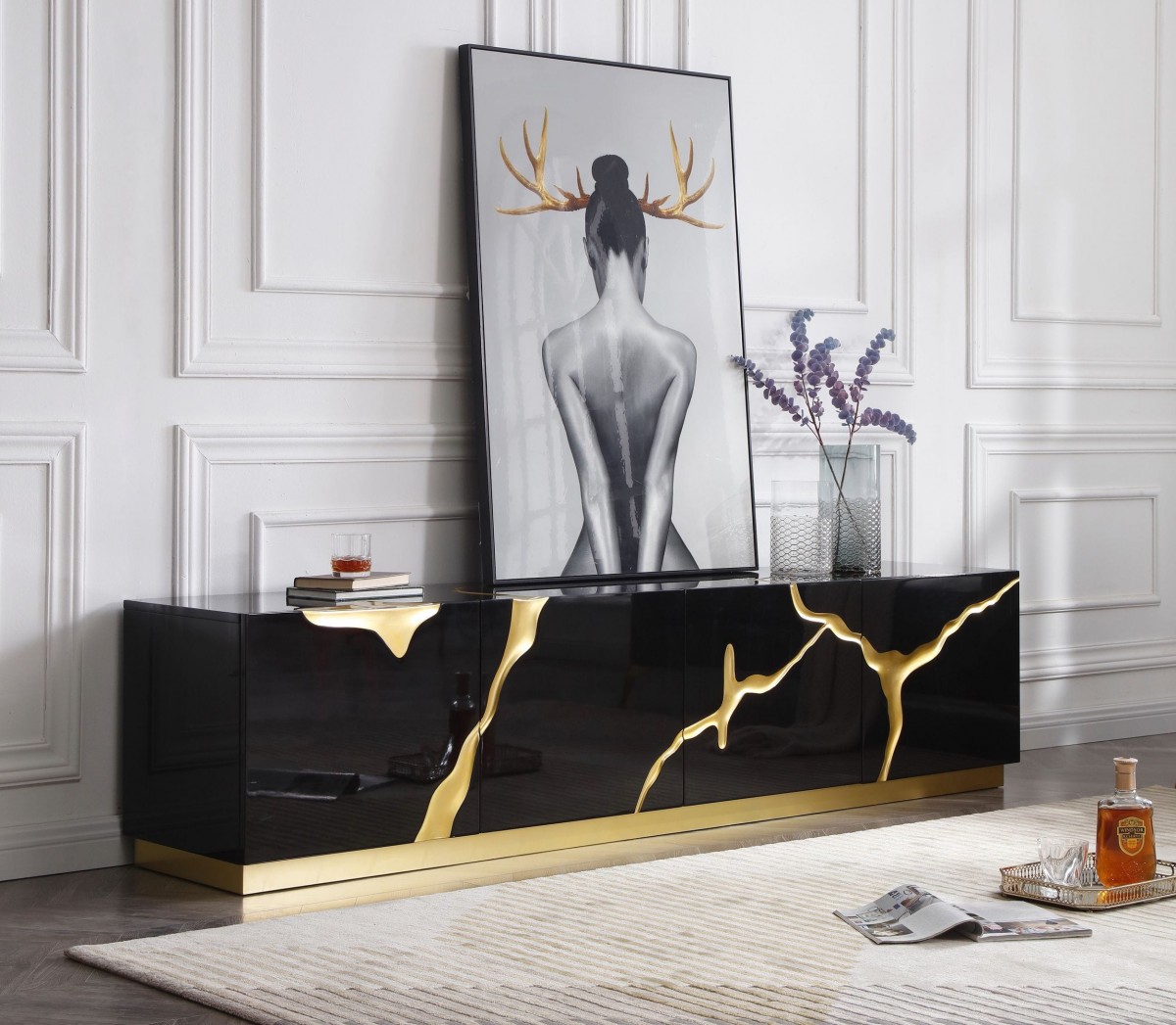 Media console shop with gold accents