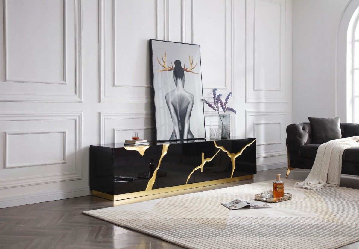 Elite Black TV Stand with Gold Painted Accents - Click Image to Close