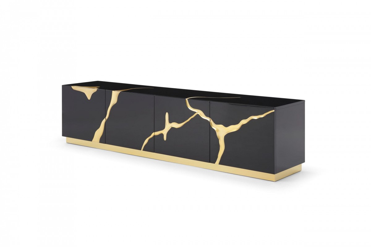 Elite Black TV Stand with Gold Painted Accents - Click Image to Close