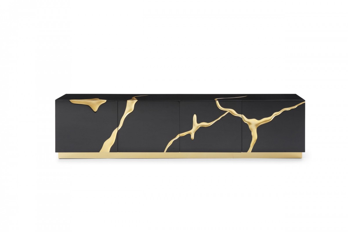 Elite Black TV Stand with Gold Painted Accents - Click Image to Close
