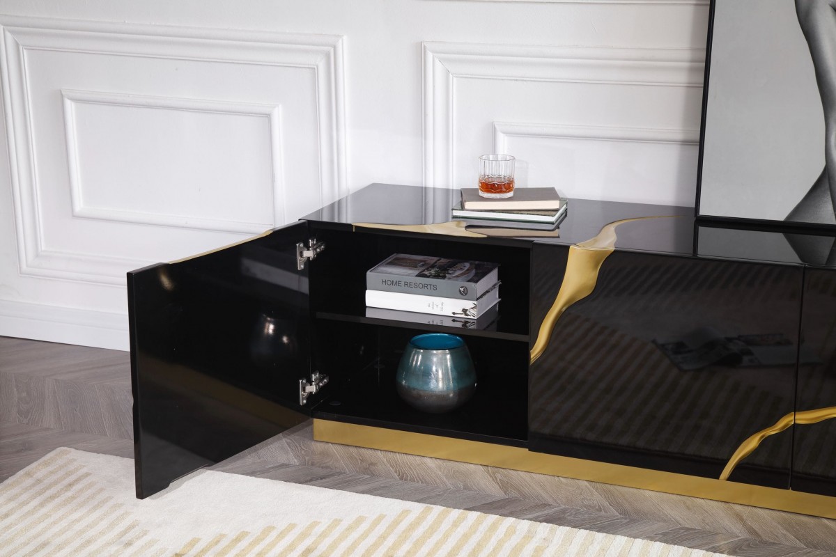 Elite Black TV Stand with Gold Painted Accents - Click Image to Close