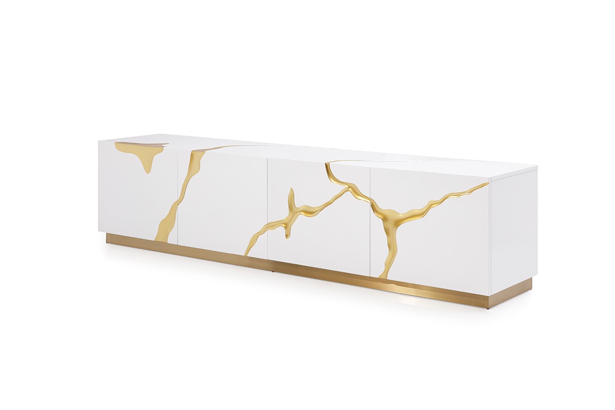 Elite White TV Stand with Gold Painted Accents - Click Image to Close